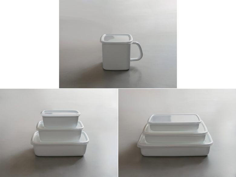 白い琺瑯製の保存容器と透明なEVA樹脂製シール蓋がセットになったキッチン用食器
