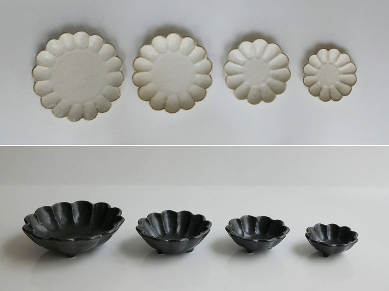 トウジキトンヤの「リンカ」シリーズ磁器製花皿とプレートが美しく並べられた静物写真