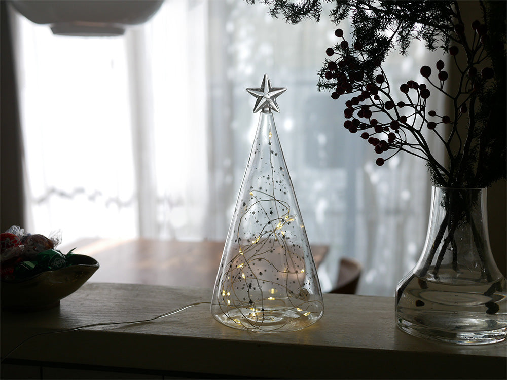 LEDライト付きガラス製シルバーのクリスマスツリーオーナメント