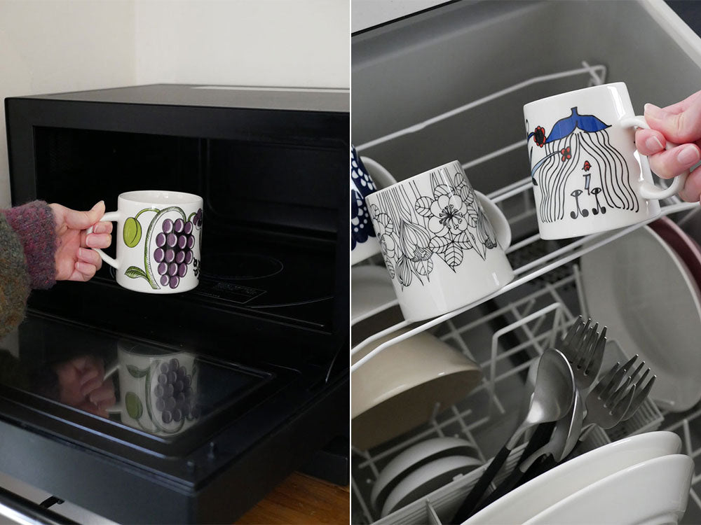 アラビア デザインマグシリーズの磁器製マグカップが並べられている写真