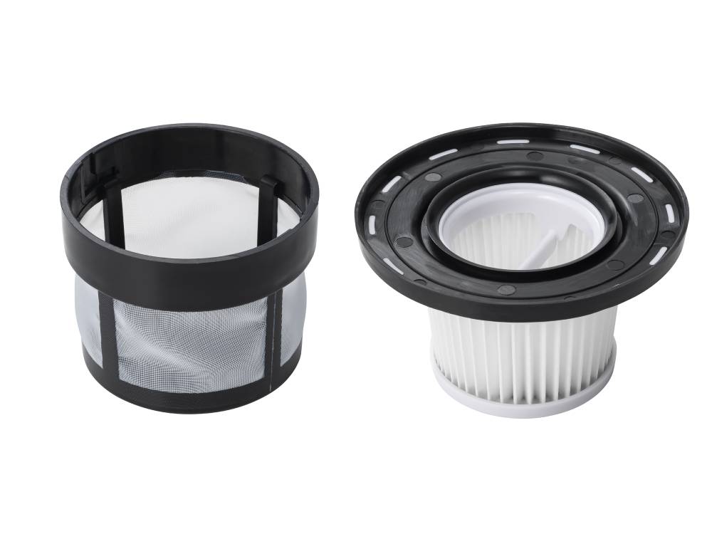 シルバーのプラスマイナスゼロ コードレスクリーナー G040本体と付属ノズルの写真