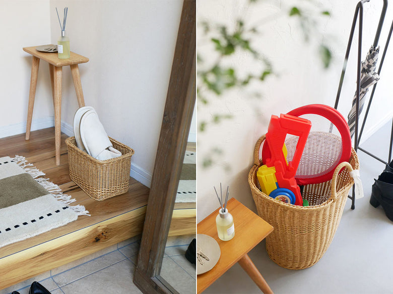 クレエのユティル洗えるナイールバスケットと観葉植物が配置されたリビングルームのインテリア