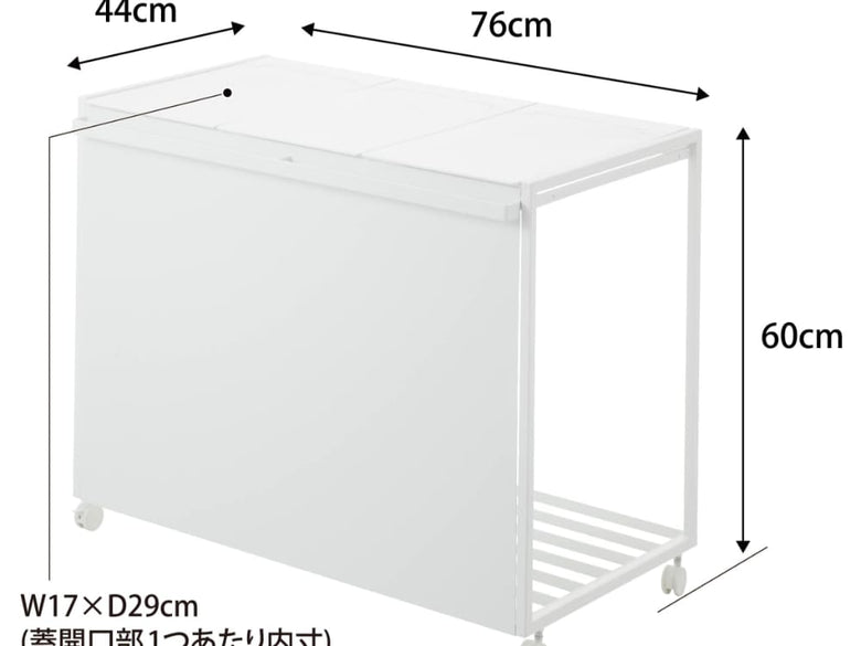 スチール製の蓋付き目隠し分別ダストワゴン。キャスター付きで移動可能な家庭用家具としてキッチンに設置可能。