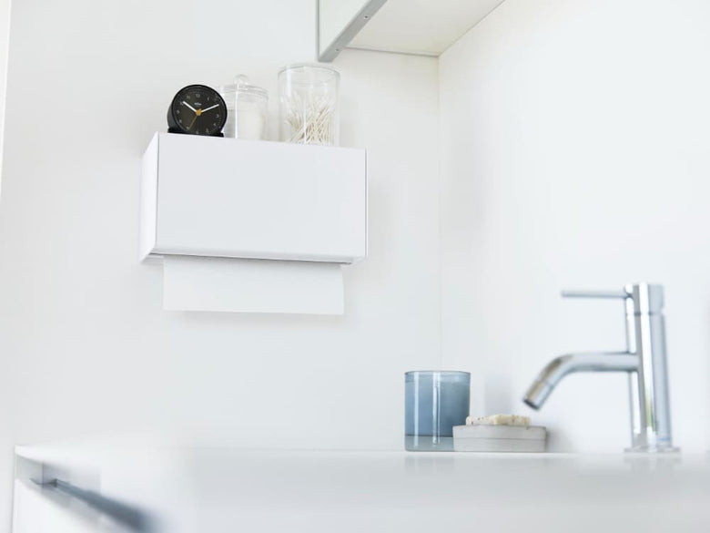 キッチンの石こうボード壁に設置されたトレー付きペーパータオルディスペンサーと隣接するシンクや蛇口