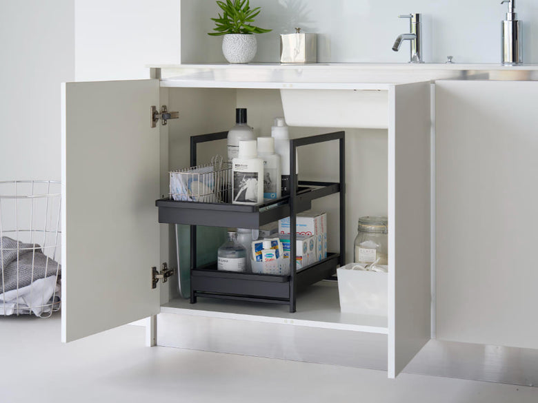 灰色のタワーシンク下スライドラック付きバスルームキャビネット