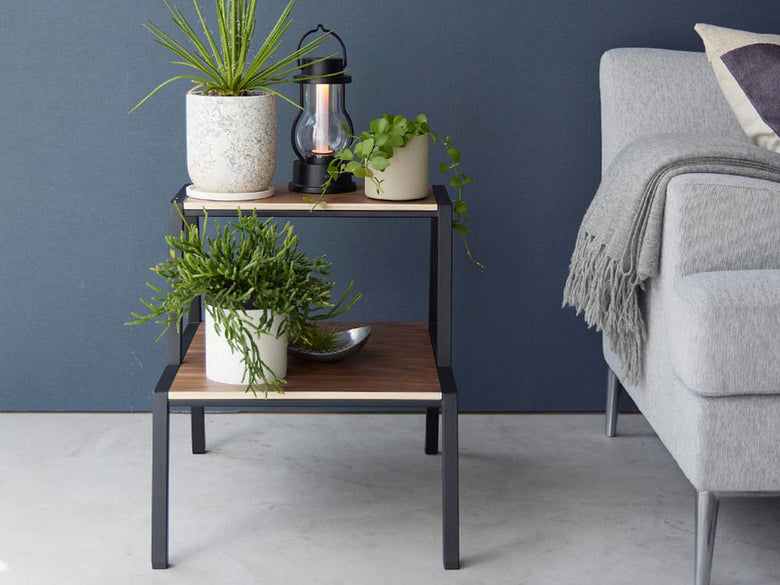 タワー踏み台とコーヒーテーブル、観葉植物がある室内