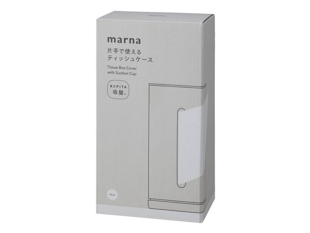 marna（マーナ）の倒れにくい片手操作用ティッシュケース。ABS樹脂製で光沢のある平らな面に簡単に設置可能。
