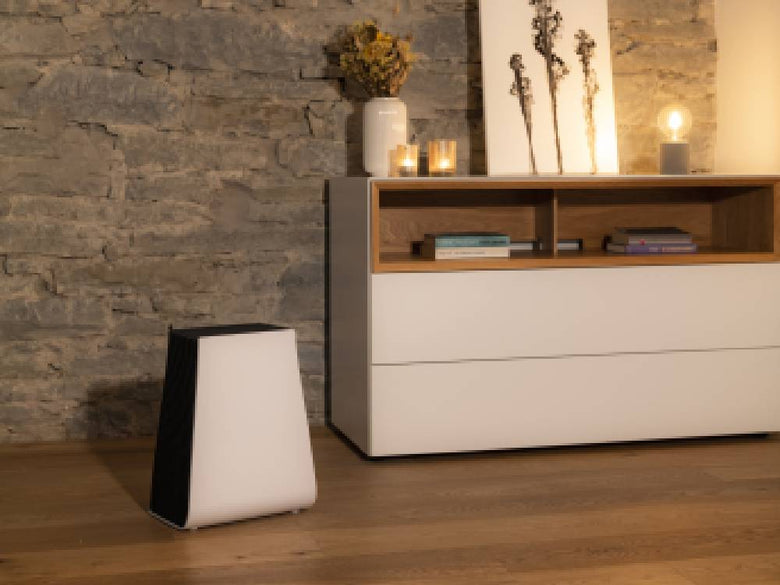 木製家具や棚が配置されたインテリアルームにスタドラフォームのGeorgeエアウォッシャーが設置されている様子